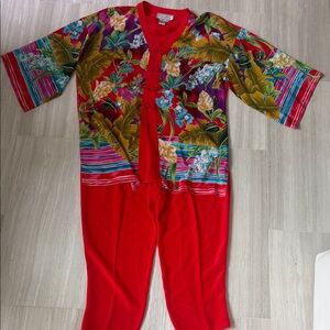 Diane Gilman 100% Silk Multicolor Floral Blouse w matching Silk red pants
